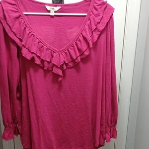 Women's Pink Ruffled Top, With Three Quarter Sleeves, Loose Fitting, New.
